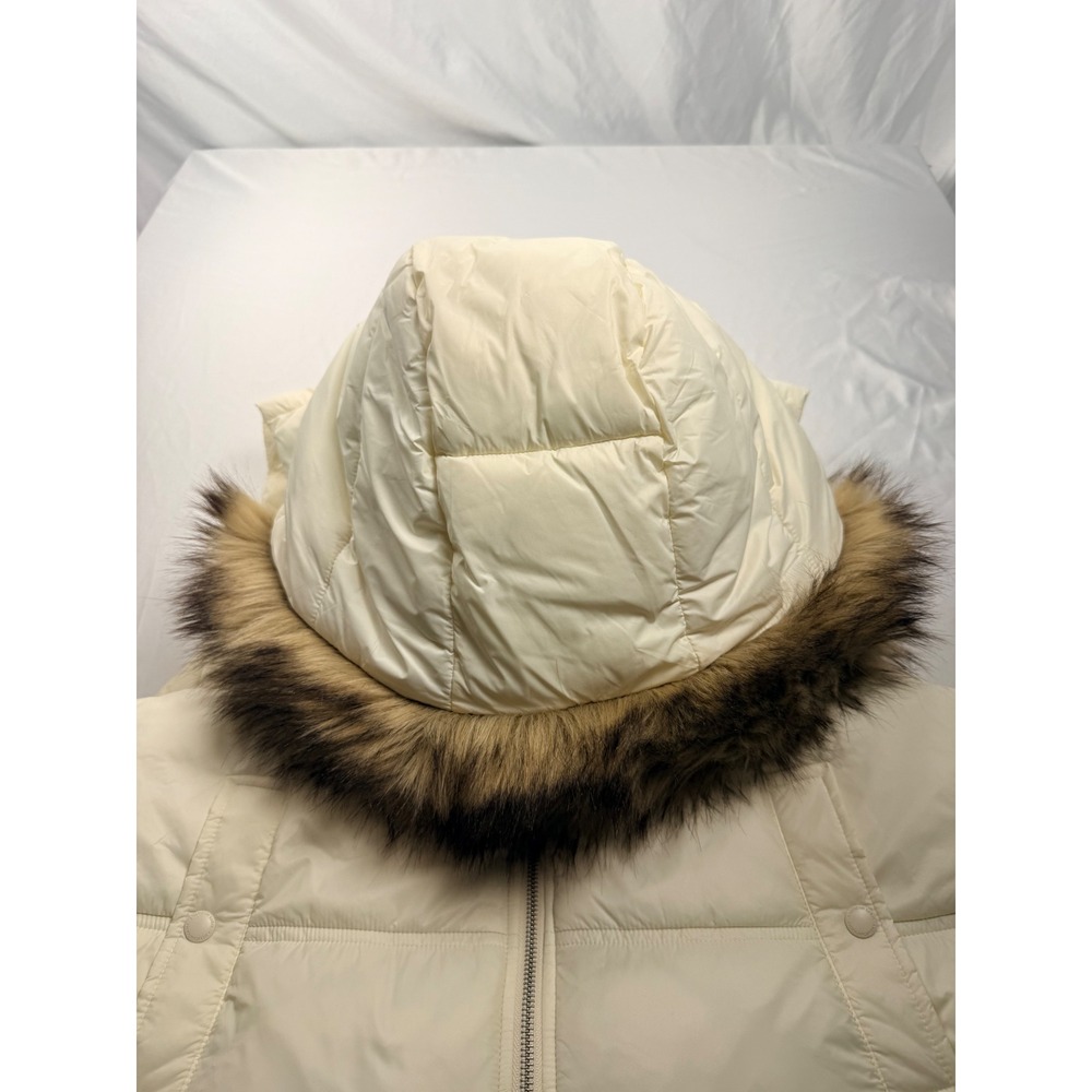 American Eagle XL Cream Quilted Puffer Vest Faux Fur Hood Full Zip Women's - Picture 11 of 12